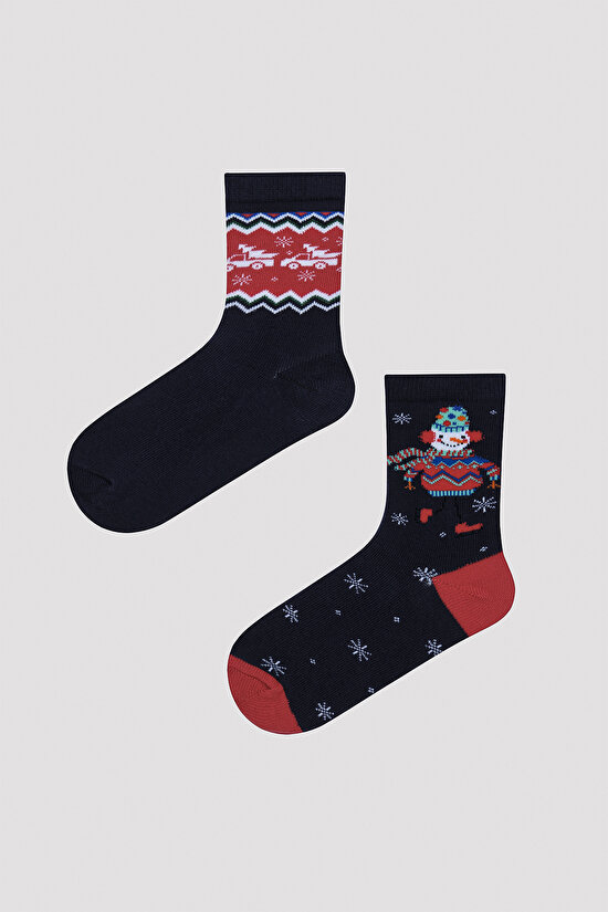 Erkek Çocuk Kardan Adam Motifli Lacivert 2li Soket Çorap - 1