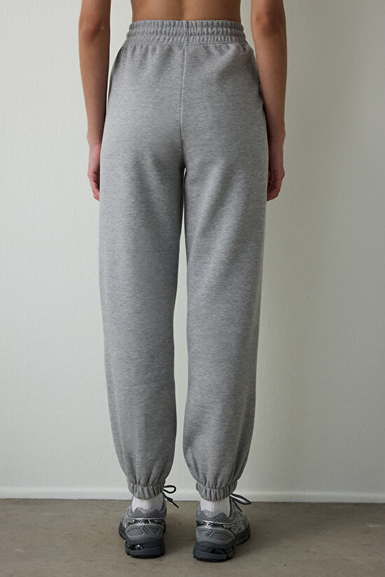 Gri Melanj Orta Bel Çift Dikişli Bağcıklı Oversize Jogger Eşofman Altı - 3
