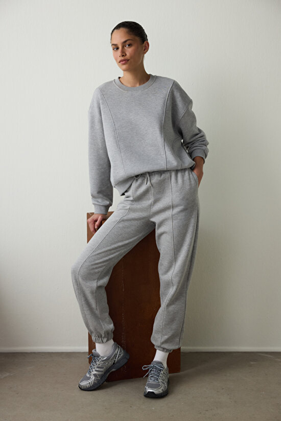 Gri Melanj Orta Bel Çift Dikişli Bağcıklı Oversize Jogger Eşofman Altı - 4