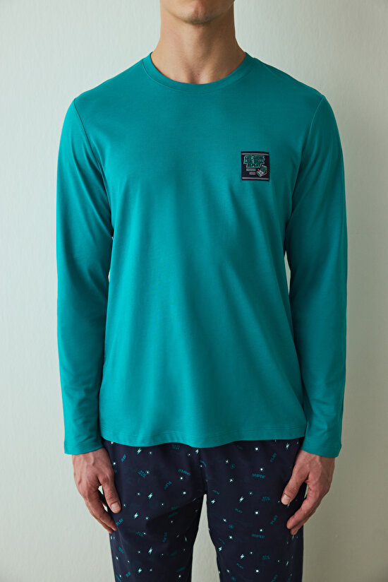 Erkek Super Slogan Baskılı Bisiklet Yaka Pamuklu Pijama Takımı - 4