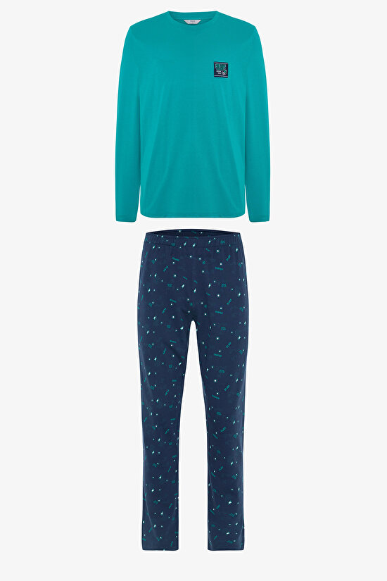 Erkek Super Slogan Baskılı Bisiklet Yaka Pamuklu Pijama Takımı - 7