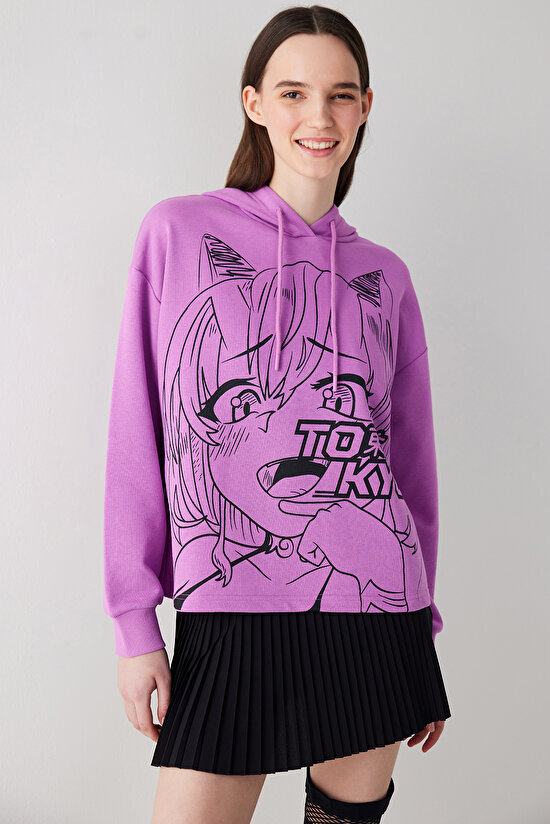 Koyu Pembe Kapşonlu Anime Baskılı Sweatshirt - 1