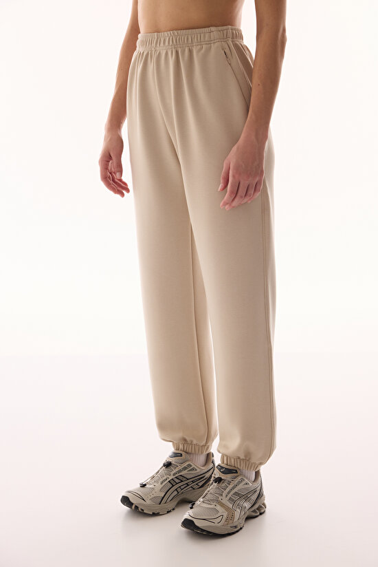 Beige Silky Feel Zipped Jogger Pants - 1