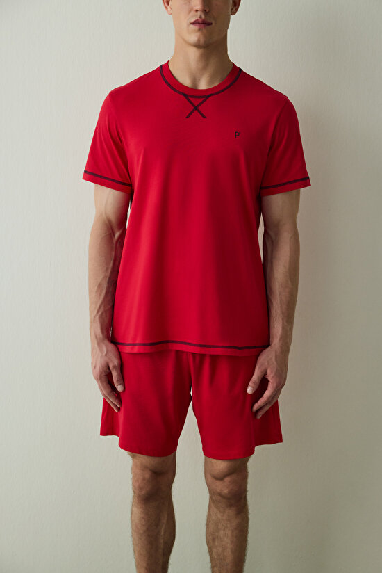 Flame Red Red Star Man Crew Neck Shorts Pajama Set - 5