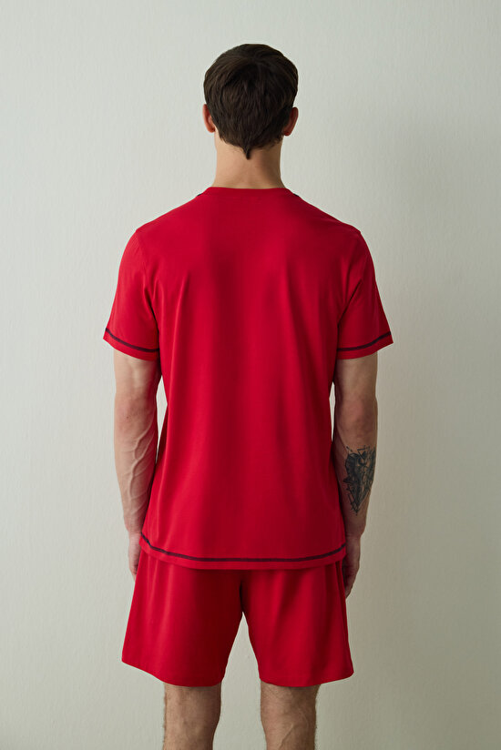 Flame Red Red Star Man Crew Neck Shorts Pajama Set - 7