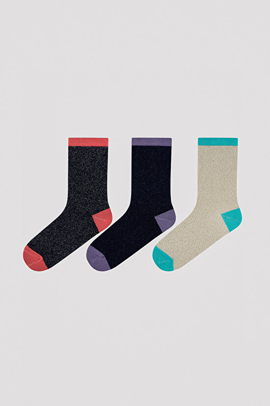 Renkli Simli 3lü Soket Çorap - 1