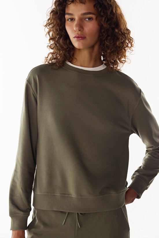 Haki Oversize Bisiklet Yaka Sweatshirt - 3