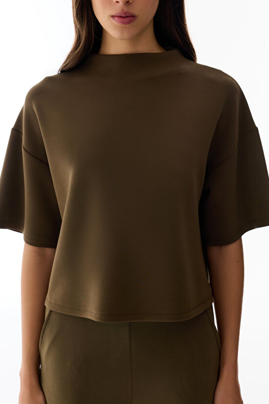 Haki Bisiklet Yaka Crop Modal Üst - 3