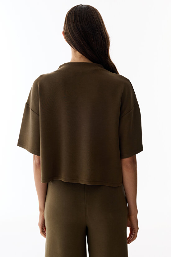 Haki Bisiklet Yaka Crop Modal Üst - 4