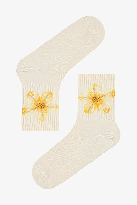 Yellow Floral 3'lü Soket Çorap - 3