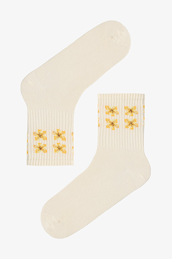 Yellow Floral 3'lü Soket Çorap - 4