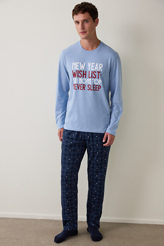 Man List Geometric Patterned Crew Neck Cotton 2-Piece Pajama Set - 1