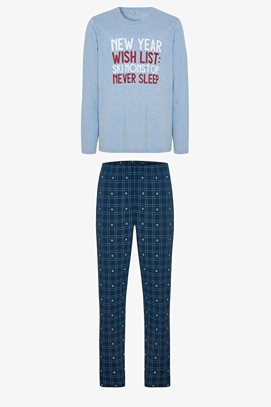 Man List Geometric Patterned Crew Neck Cotton 2-Piece Pajama Set - 7