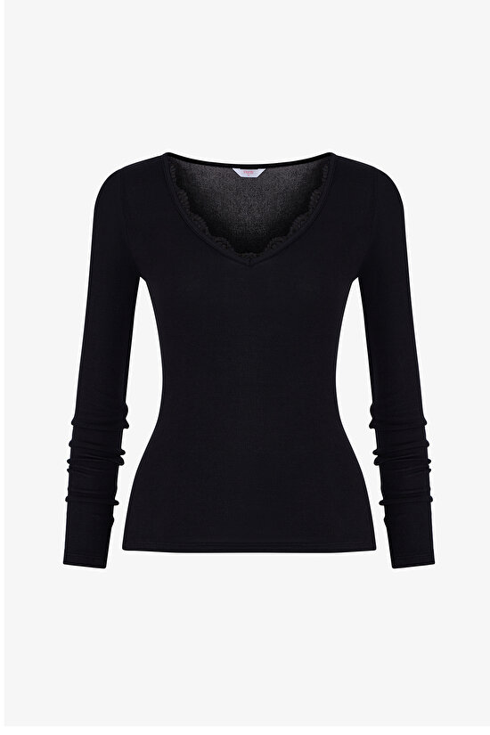 Siyah Modal V Yaka Lace Uzun Kollu Bluz - 2