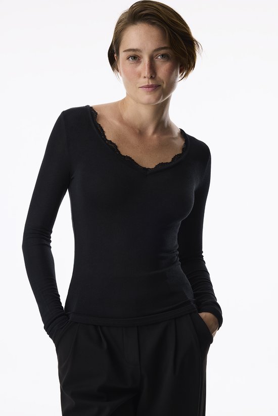Siyah Modal V Yaka Lace Uzun Kollu Bluz - 3