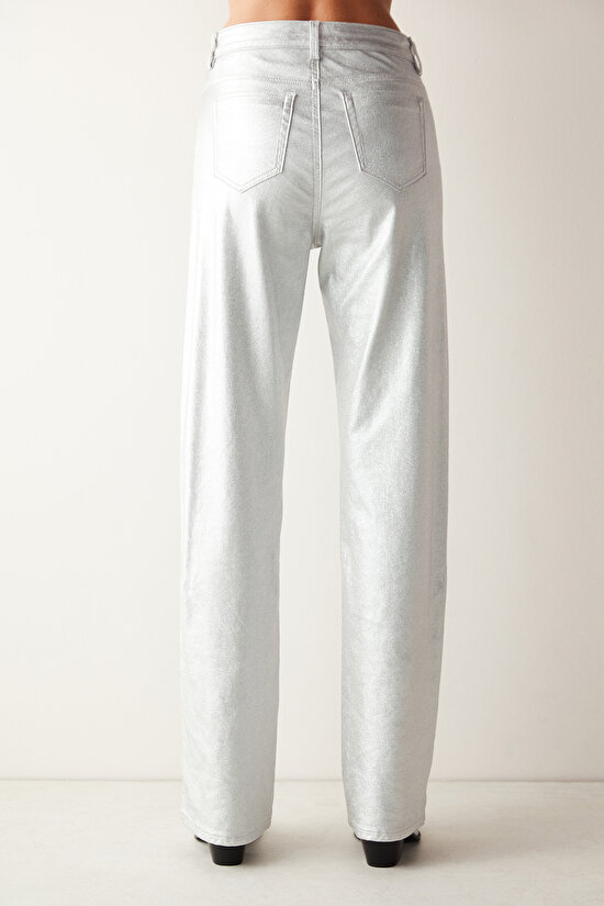 Silver Yüksek Bel Metalik Straight Fit Pantolon - 5