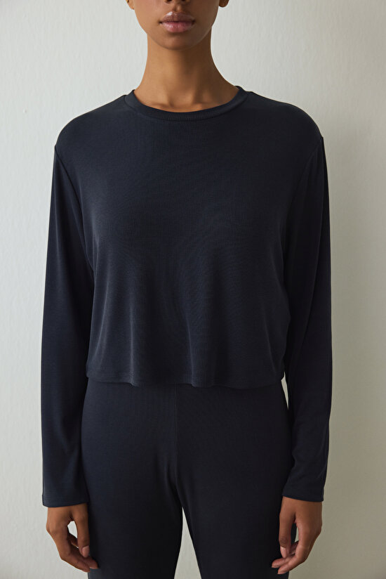 Siyah Bisiklet Yaka Uzun Kollu Fitilli Modal Bol Kesim Crop Üst - 5