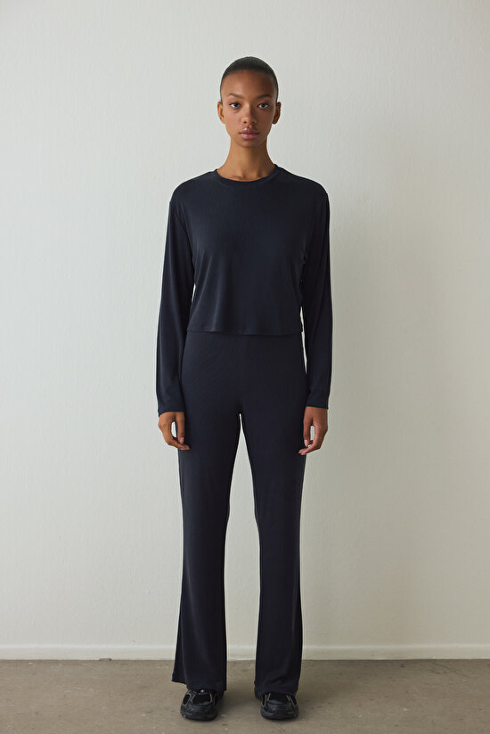 Siyah Bisiklet Yaka Uzun Kollu Fitilli Modal Bol Kesim Crop Üst - 6