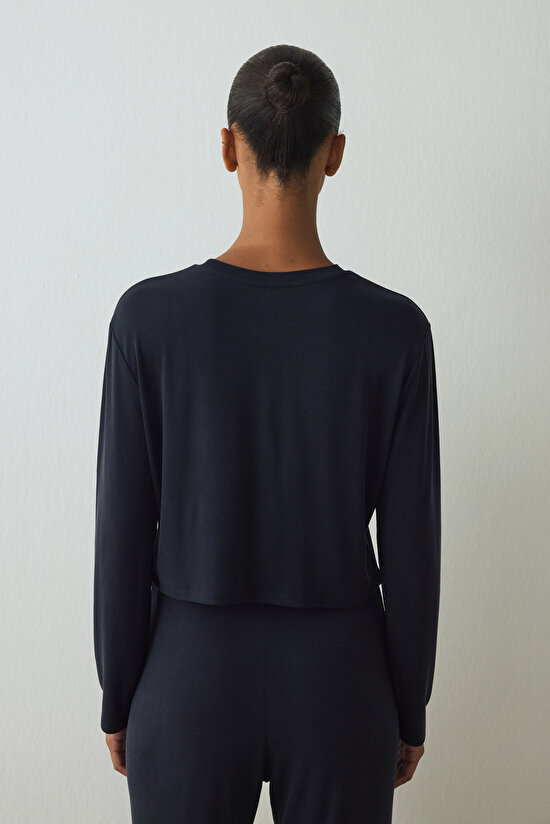 Siyah Bisiklet Yaka Uzun Kollu Fitilli Modal Bol Kesim Crop Üst - 7