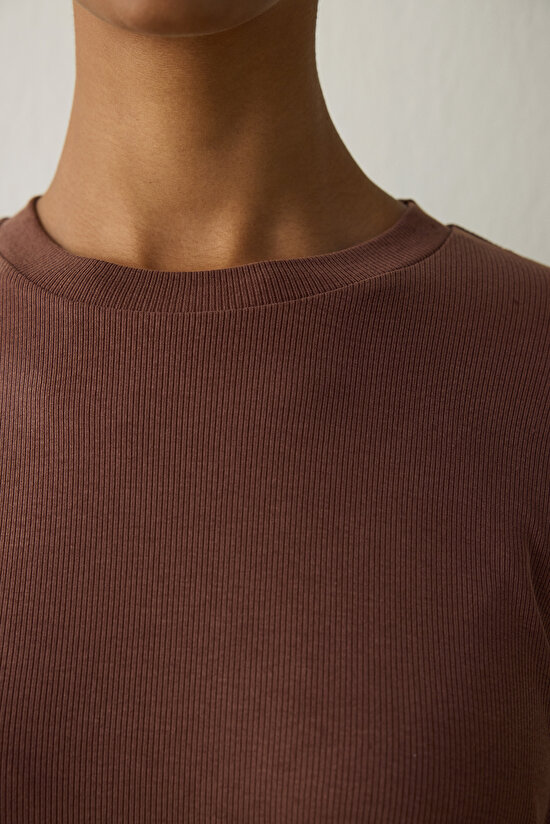 Cappuccino Ribbed Modal Loose Cut Crew Neck Crop Top - 6