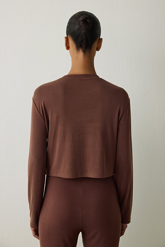 Cappuccino Ribbed Modal Loose Cut Crew Neck Crop Top - 9