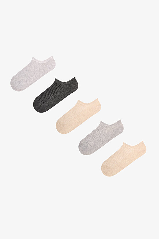 Grey Beige Classic Ribbed Cotton Jacquard 5 Pack Sneaker Socks - 1