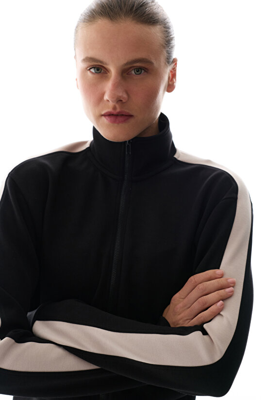 Black Silky Touch Paneled Zipped Long Sleeve Jacket - 3