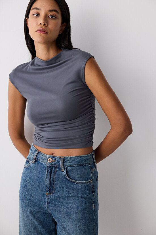 Side Shirring High Neck Grey Top - 3