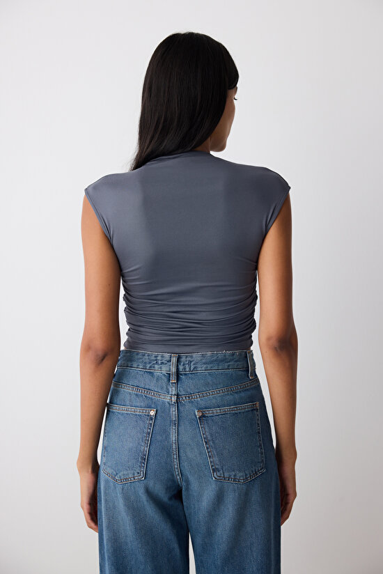 Side Shirring High Neck Grey Top - 6