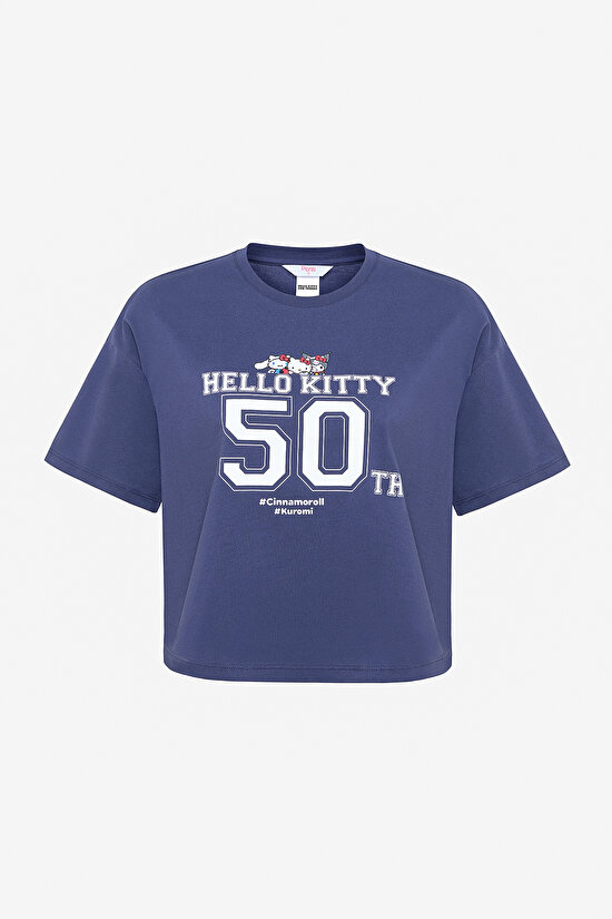 Lacivert Bisiklet Yaka Sanrio Baskı Tişört - 5