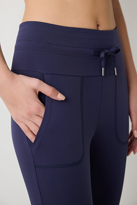 Lacivert Comfort Yüksek Bel Cep Detaylı Bilek Boy Tayt - 3