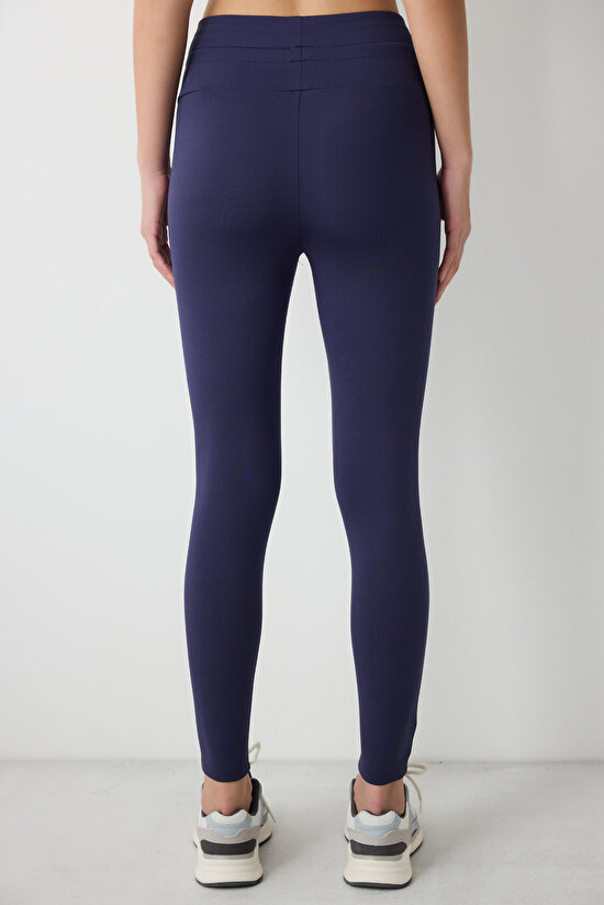 Lacivert Comfort Yüksek Bel Cep Detaylı Bilek Boy Tayt - 4