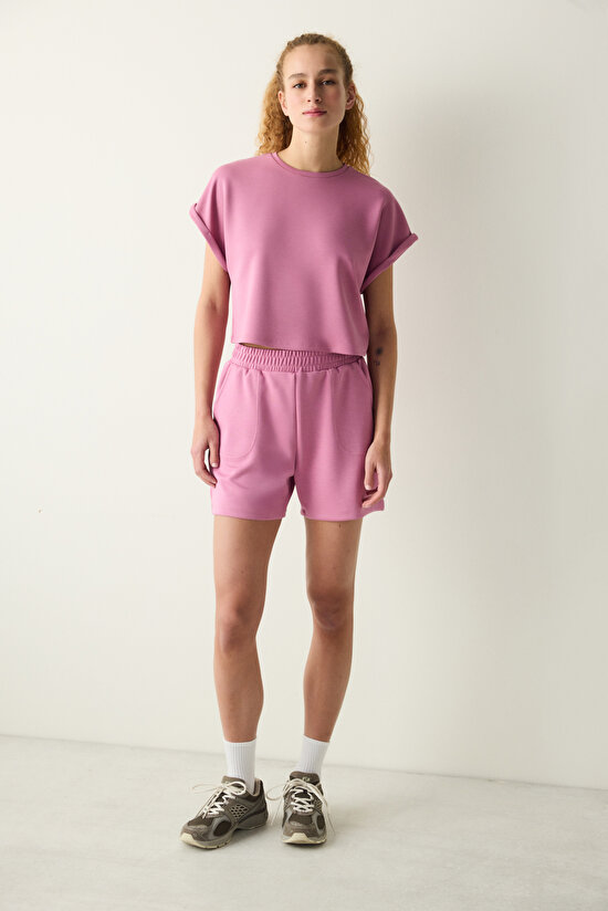 Pembe Yüksek Bel Cepli Silky Touch Şort - 3