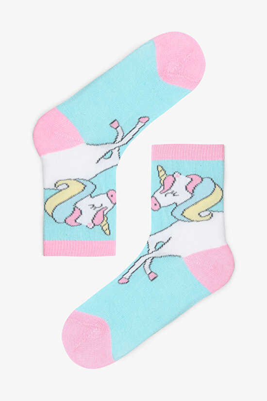 Kız Çocuk Gökkuşağı Unicorn Desenli 4'lü Pamuklu Soket Çorap - 3
