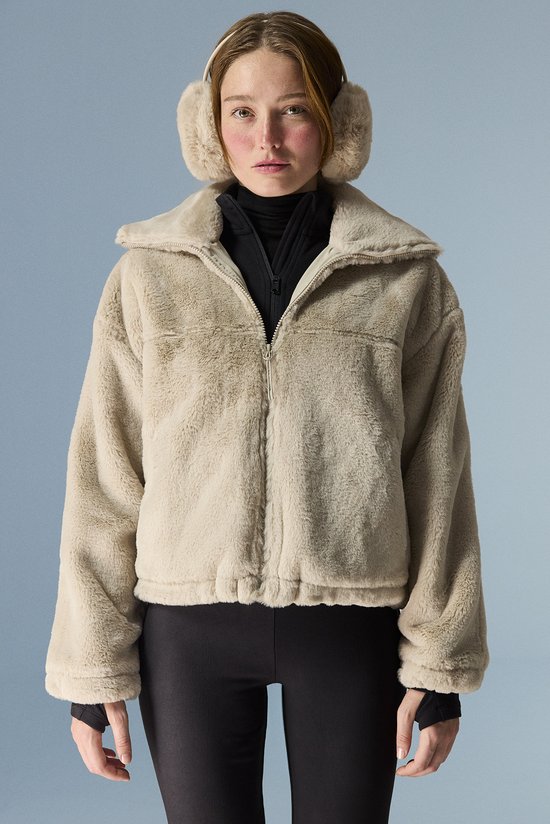 Beige Faux Furr Sporty Zipped Long Sleeve Jacket - 1