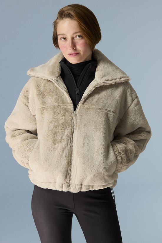 Beige Faux Furr Sporty Zipped Long Sleeve Jacket - 2