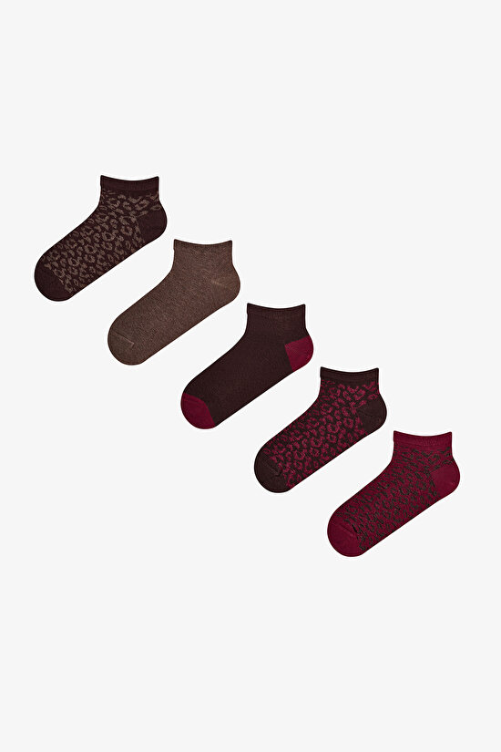 Burgundy Brown Leopard Everyday 5 Pack Liner Socks - 1