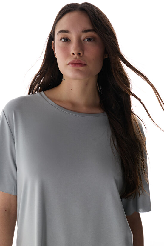 Gri Bisiklet Yaka Oversize Modal T-Shirt - 4