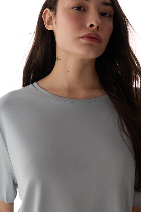 Gri Bisiklet Yaka Oversize Modal T-Shirt - 5