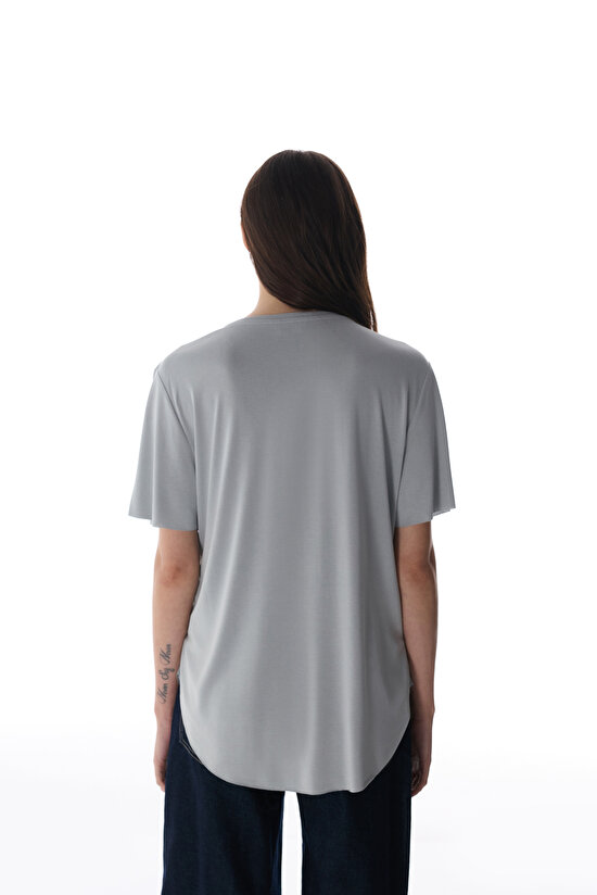 Gri Bisiklet Yaka Oversize Modal T-Shirt - 6
