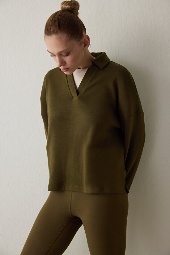 Koyu Yağ Yeşili Polo Yaka Uzun Kollu Kazak - 3