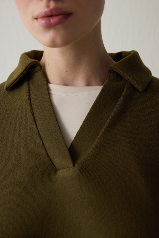 Koyu Yağ Yeşili Polo Yaka Uzun Kollu Kazak - 4