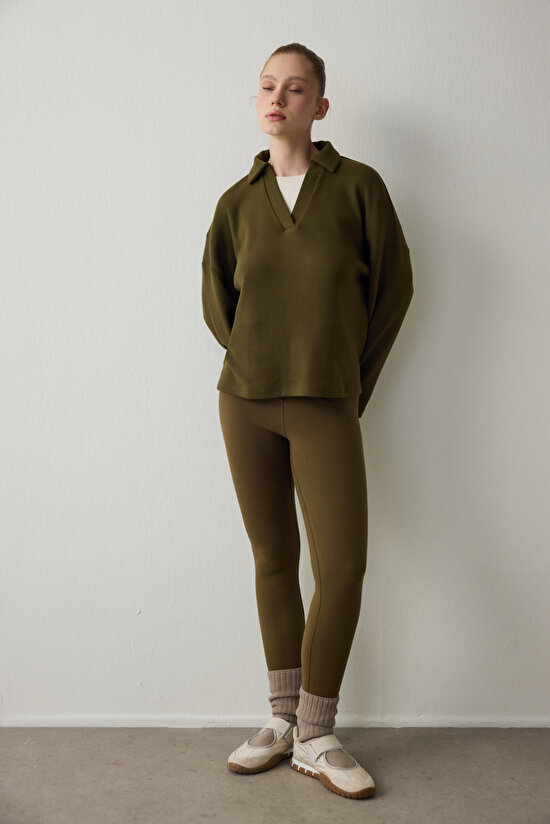 Koyu Yağ Yeşili Polo Yaka Uzun Kollu Kazak - 5