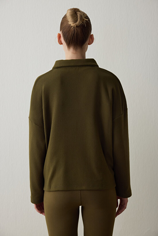 Koyu Yağ Yeşili Polo Yaka Uzun Kollu Kazak - 6