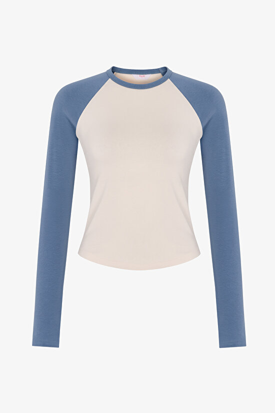 Blue Raglan Contrast Long Sleeve Blouse - 1