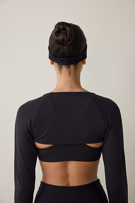 Black Ribbed Long Sleeve Bolero - 5