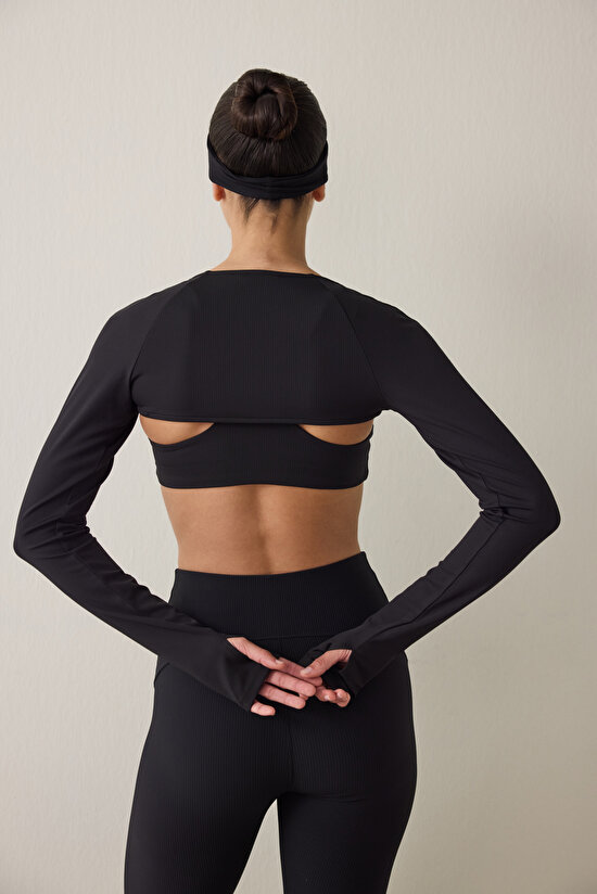 Black Ribbed Long Sleeve Bolero - 6