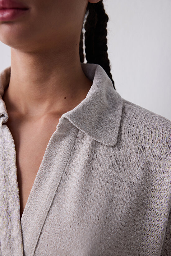 Polo Neck Loose Açık Bej Tişört - 3