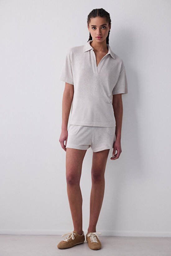 Polo Neck Loose Açık Bej Tişört - 4