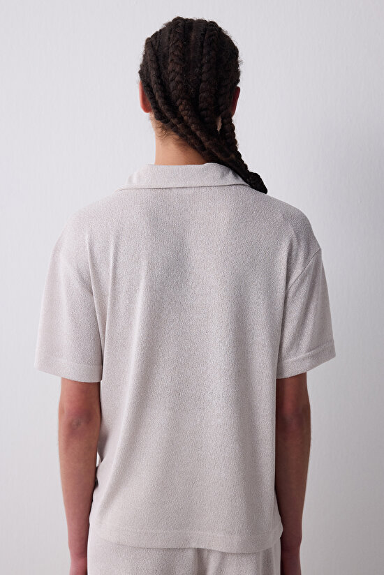 Polo Neck Loose Açık Bej Tişört - 5